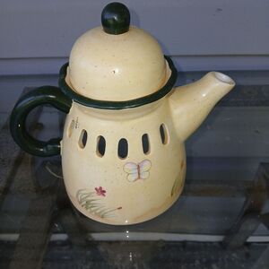 Home Interiors Cream and Green Decorative Teapot Candle Cover